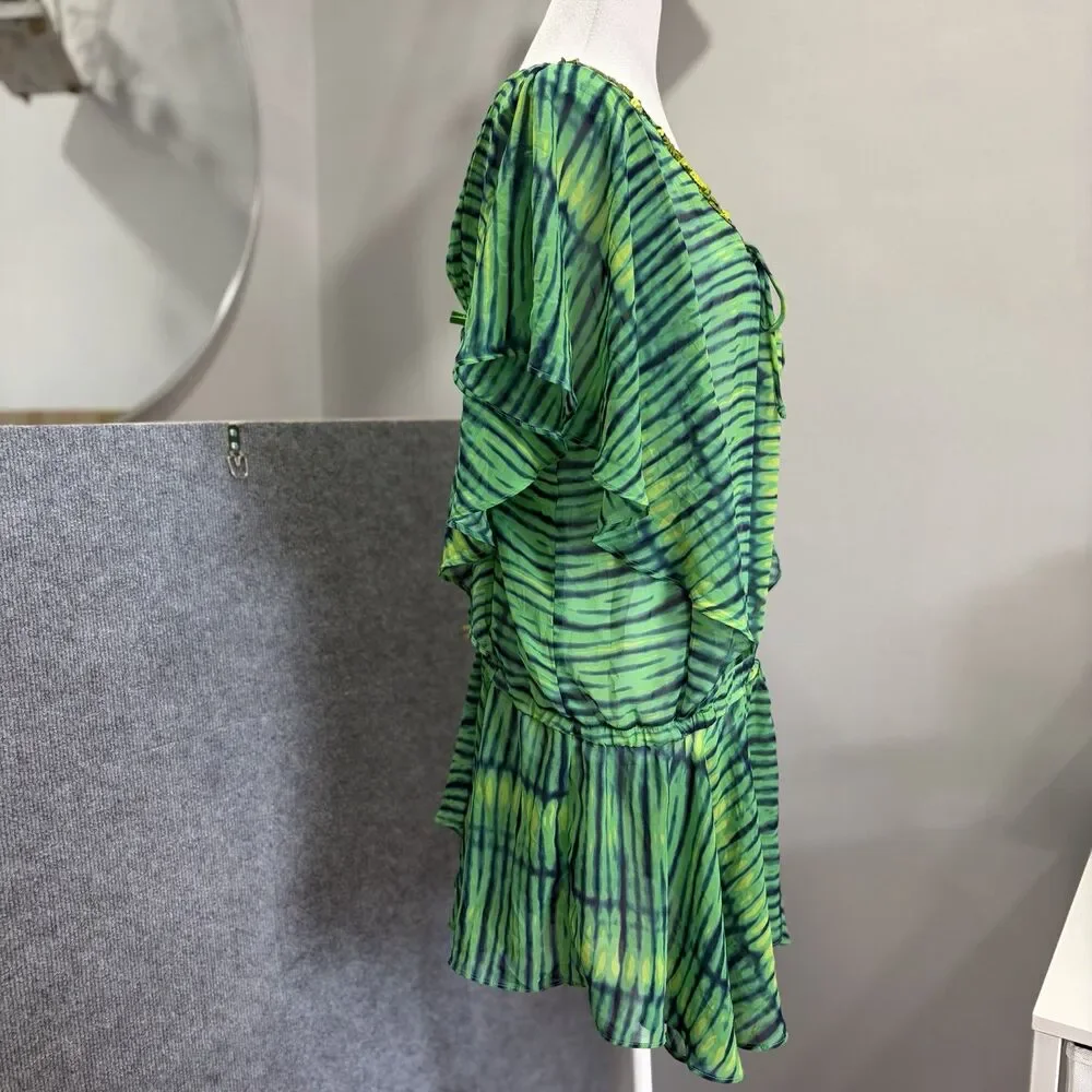 Victorias Secret Green Tie Dye Sequin Trim Sheer Swim Cover Up Tunic Dress M/L